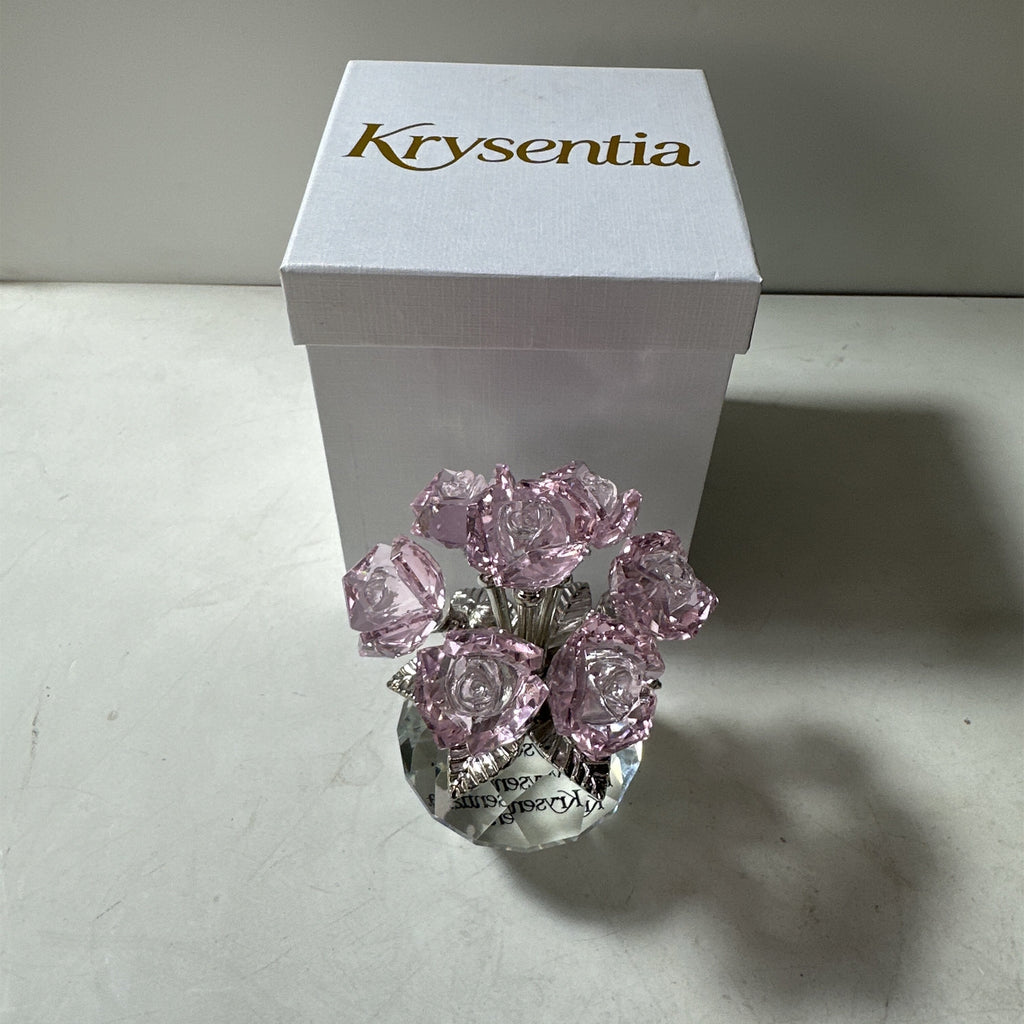 Krysentia Pink Crystal Rose Flower Figurine Decor,  Handcrafted Sparkle Crystal Bouquet with Diamond-Cut K9 Crystal Vase Base, Romantic Tabletop Ornament for Home Bedroom Office