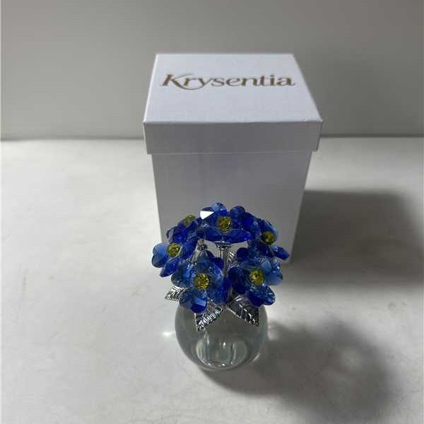 Krysentia Blue Crystal Flower Figurine Decor,Handcrafted Sparkling Crystal Bouquet with Clear Ball Base, Tabletop Ornament for Home Office