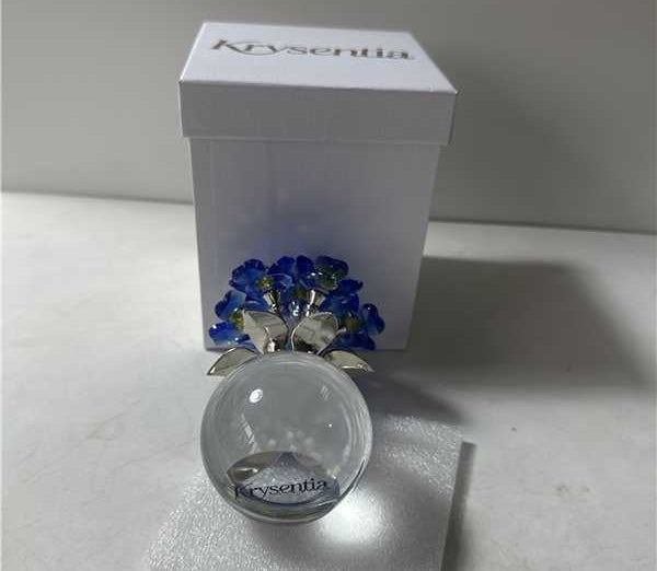 Krysentia Blue Crystal Flower Figurine Decor,Handcrafted Sparkling Crystal Bouquet with Clear Ball Base, Tabletop Ornament for Home Office