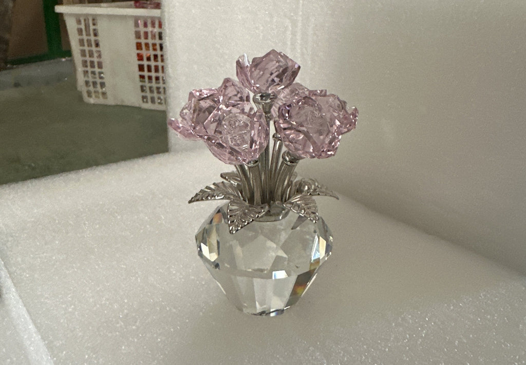 Krysentia Pink Crystal Rose Flower Figurine Decor,  Handcrafted Sparkle Crystal Bouquet with Diamond-Cut K9 Crystal Vase Base, Romantic Tabletop Ornament for Home Bedroom Office
