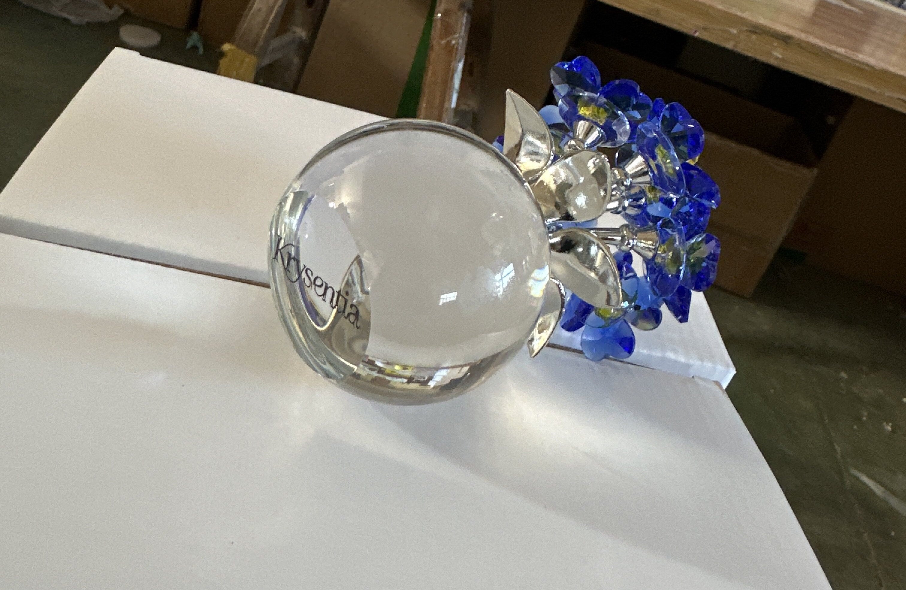 Krysentia Blue Crystal Flower Figurine Decor,Handcrafted Sparkling Crystal Bouquet with Clear Ball Base, Tabletop Ornament for Home Office