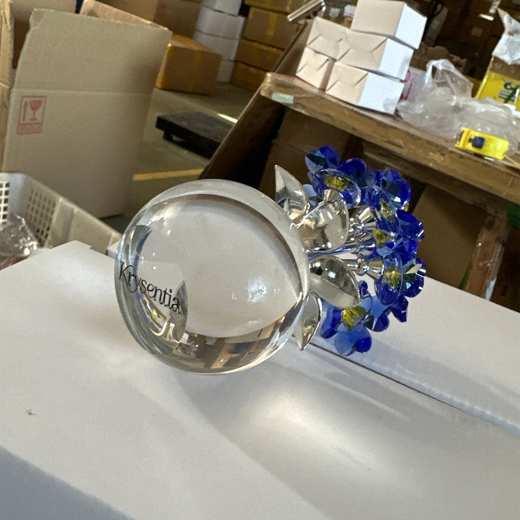 Krysentia Blue Crystal Flower Figurine Decor,Handcrafted Sparkling Crystal Bouquet with Clear Ball Base, Tabletop Ornament for Home Office