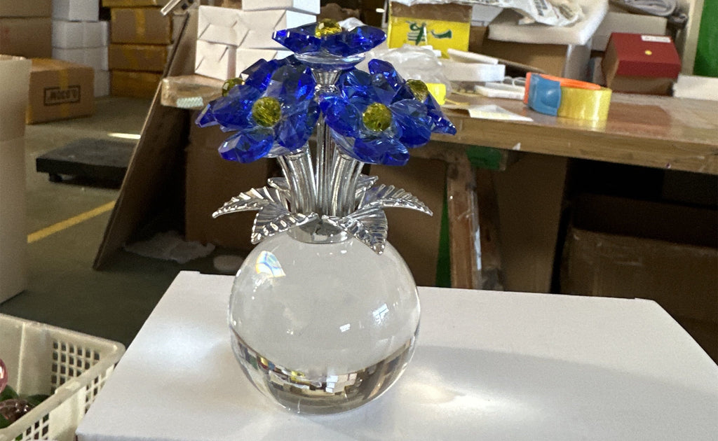 Krysentia Blue Crystal Flower Figurine Decor,Handcrafted Sparkling Crystal Bouquet with Clear Ball Base, Tabletop Ornament for Home Office