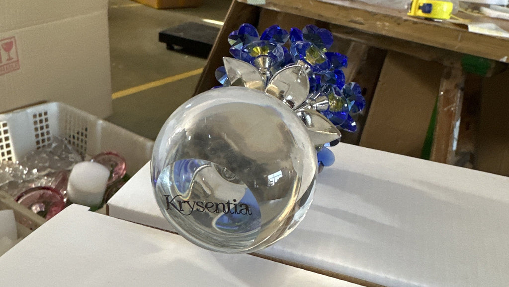 Krysentia Blue Crystal Flower Figurine Decor,Handcrafted Sparkling Crystal Bouquet with Clear Ball Base, Tabletop Ornament for Home Office