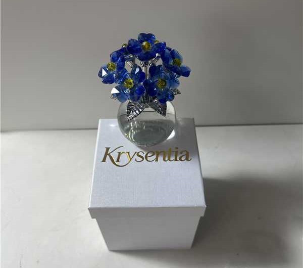 Krysentia Blue Crystal Flower Figurine Decor,Handcrafted Sparkling Crystal Bouquet with Clear Ball Base, Tabletop Ornament for Home Office